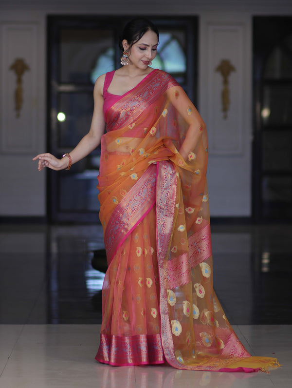 Banarasee Dual Tone Organza Mix Saree With Resham Zari Work & Contrast Border-Orange & Pink