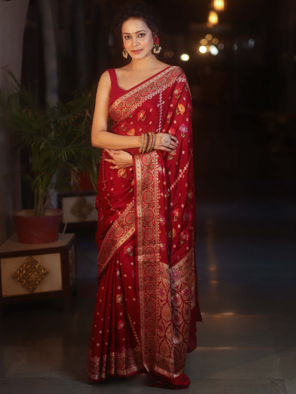 Banarasee Pure Chiffon Saree With Resham Buti & Border-Maroon