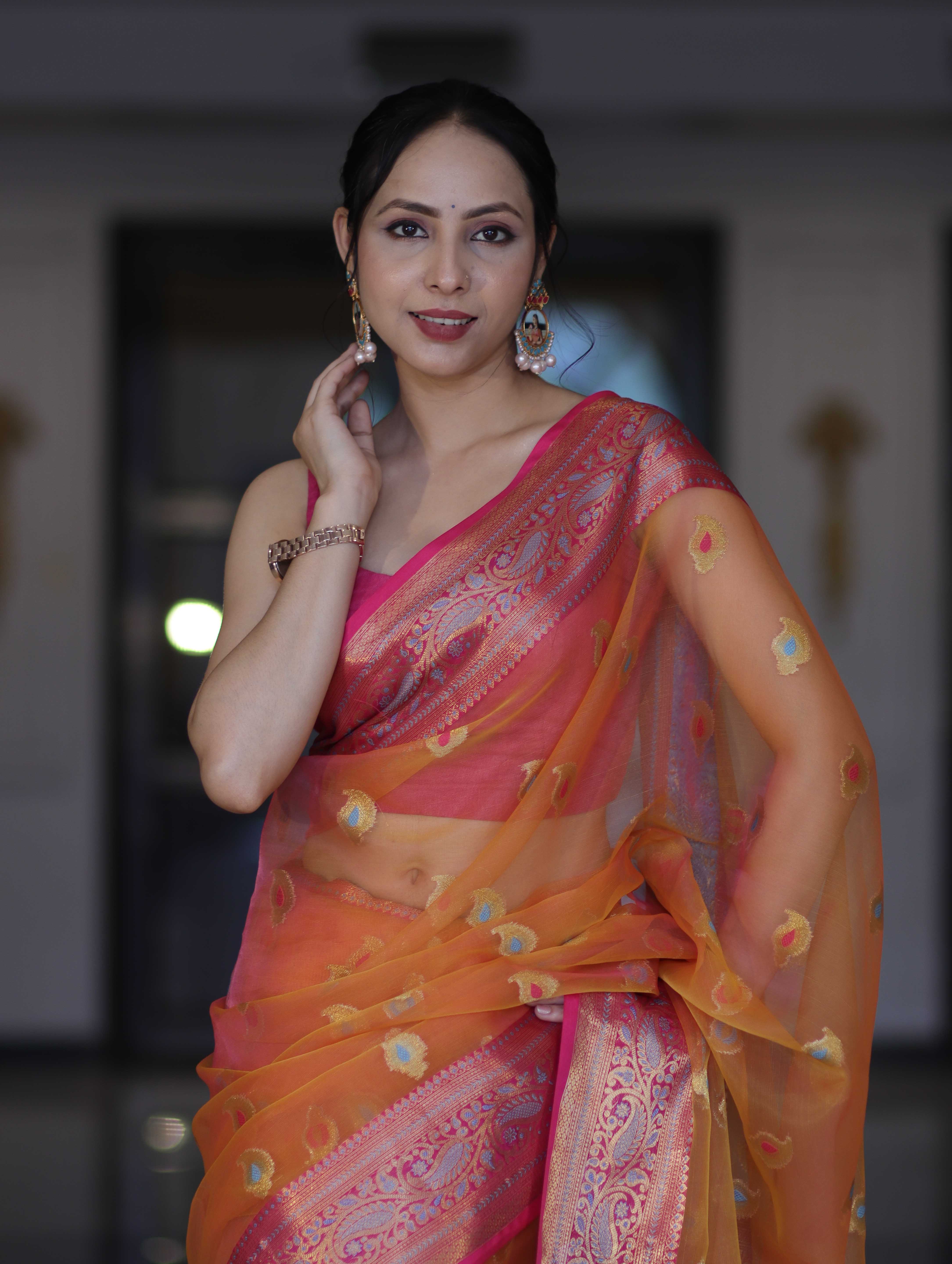 Banarasee Dual Tone Organza Mix Saree With Resham Zari Work & Contrast Border-Orange & Pink