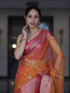 Banarasee Dual Tone Organza Mix Saree With Resham Zari Work & Contrast Border-Orange & Pink