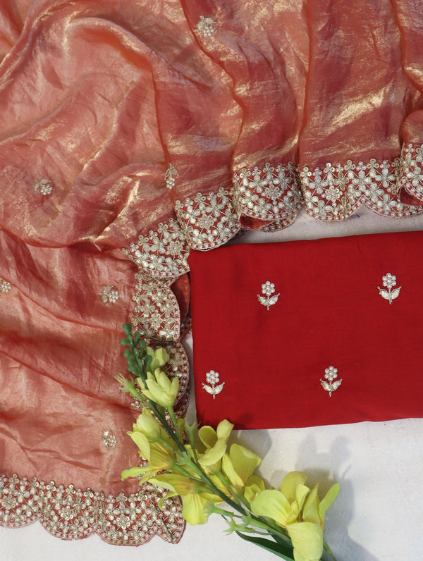 Banarasee Handwoven Tissue Silk Saree With Gold Zari Hand Work & Scallop Border-Peach