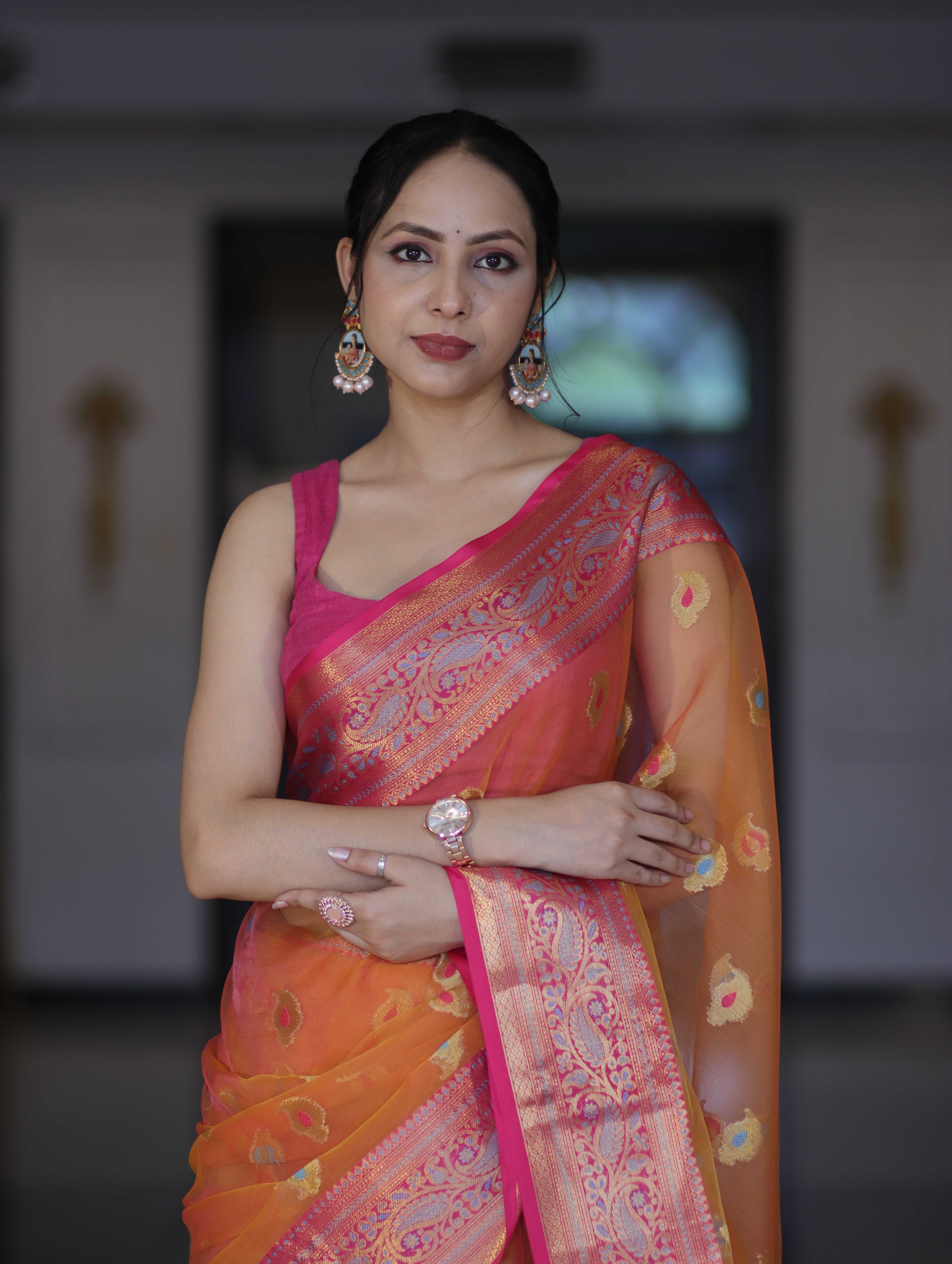 Banarasee Dual Tone Organza Mix Saree With Resham Zari Work & Contrast Border-Orange & Pink