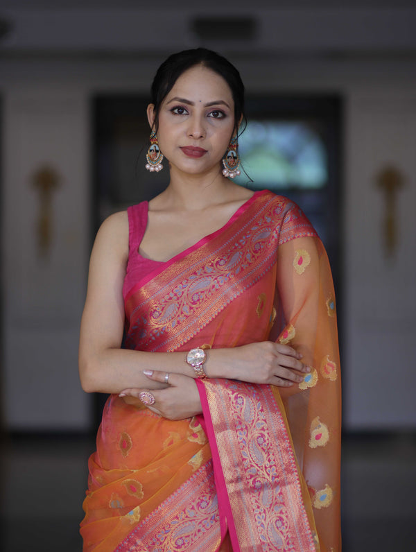 Banarasee Dual Tone Organza Mix Saree With Resham Zari Work & Contrast Border-Orange & Pink