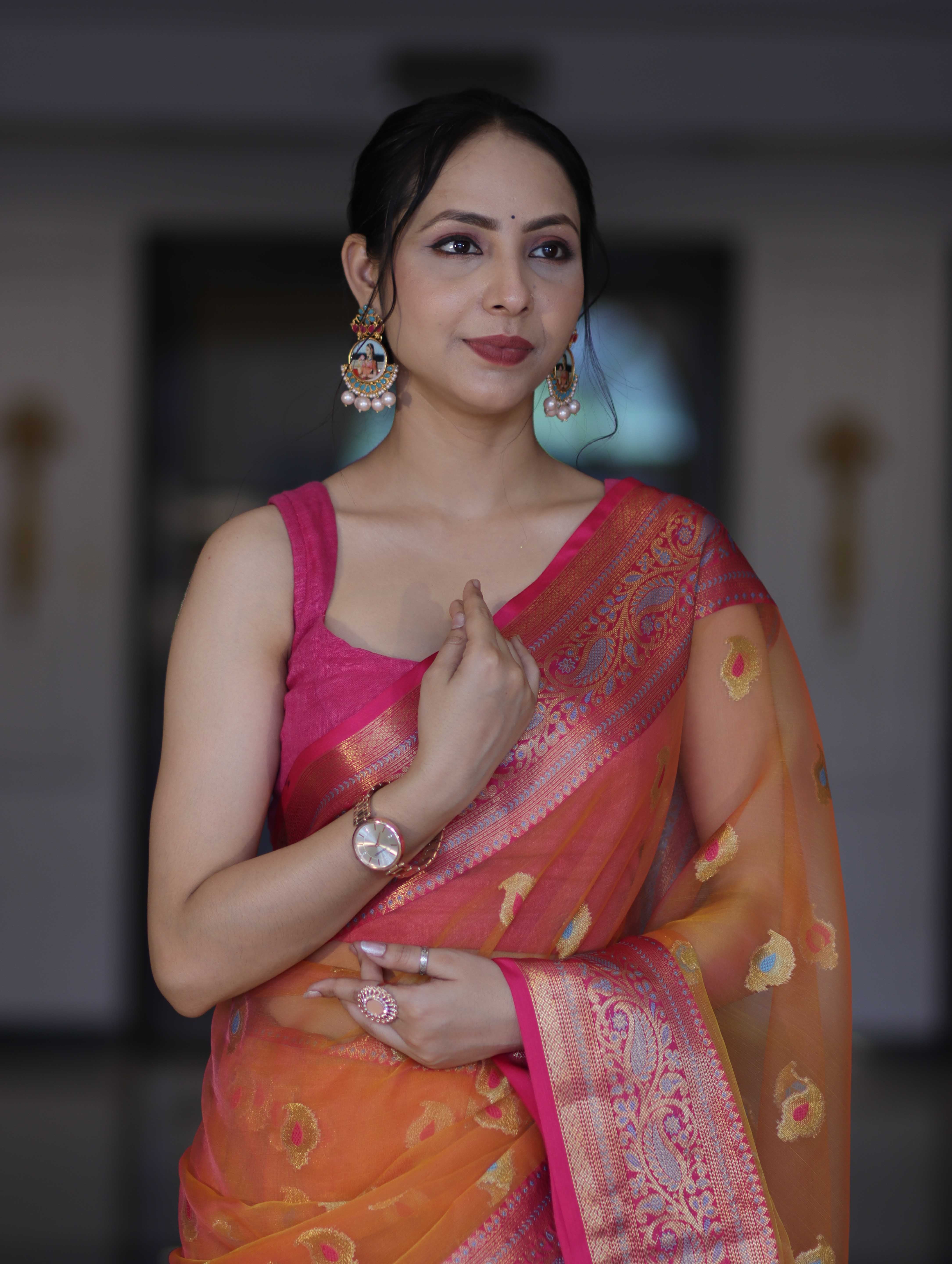 Banarasee Dual Tone Organza Mix Saree With Resham Zari Work & Contrast Border-Orange & Pink