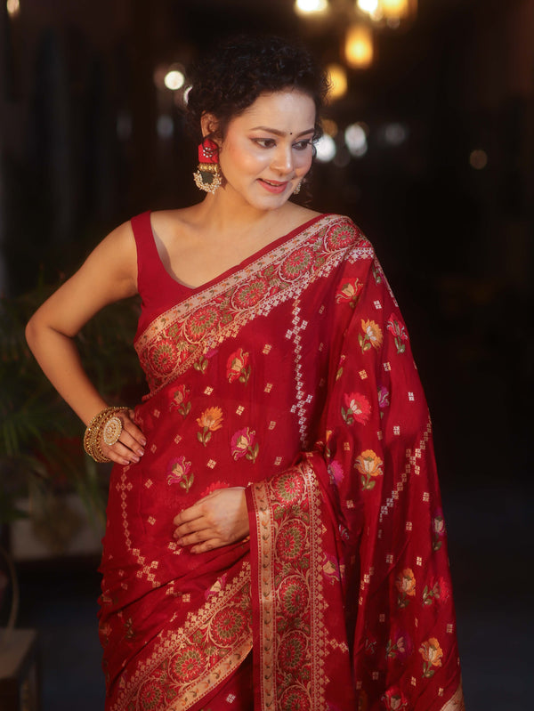 Banarasee Pure Chiffon Saree With Resham Buti & Border-Maroon