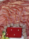 Banarasee Handwoven Tissue Silk Saree With Gold Zari Hand Work & Scallop Border-Peach