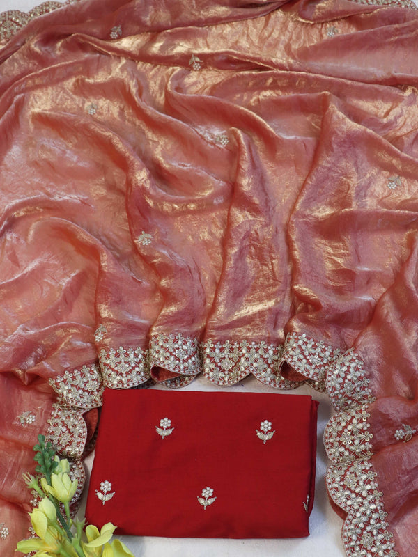 Banarasee Handwoven Tissue Silk Saree With Gold Zari Hand Work & Scallop Border-Peach