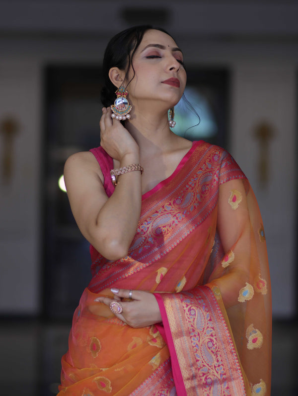 Banarasee Dual Tone Organza Mix Saree With Resham Zari Work & Contrast Border-Orange & Pink
