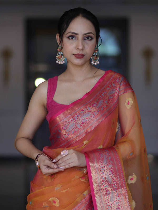 Banarasee Dual Tone Organza Mix Saree With Resham Zari Work & Contrast Border-Orange & Pink