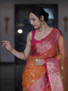 Banarasee Dual Tone Organza Mix Saree With Resham Zari Work & Contrast Border-Orange & Pink