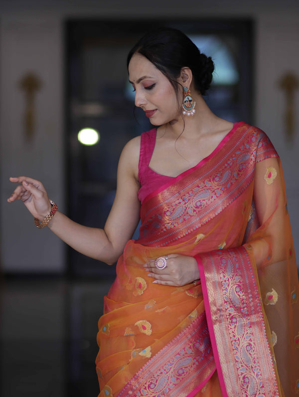 Banarasee Dual Tone Organza Mix Saree With Resham Zari Work & Contrast Border-Orange & Pink