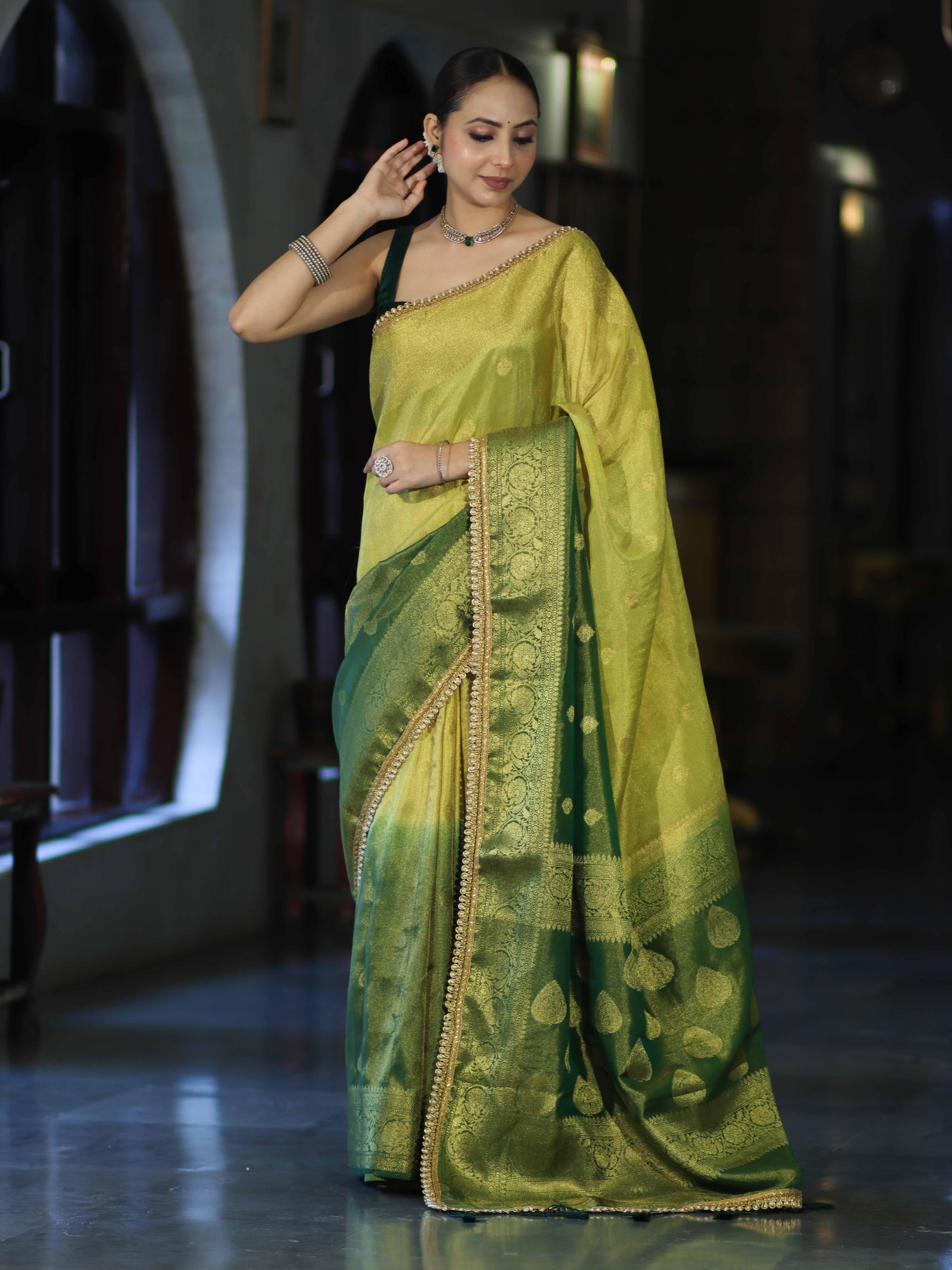 Banarasee Handloom Dual Color Tissue Silk Saree With Zari Buta Design Border & Lace-Yellow & Green