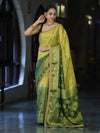 Banarasee Handloom Dual Color Tissue Silk Saree With Zari Buta Design Border & Lace-Yellow & Green