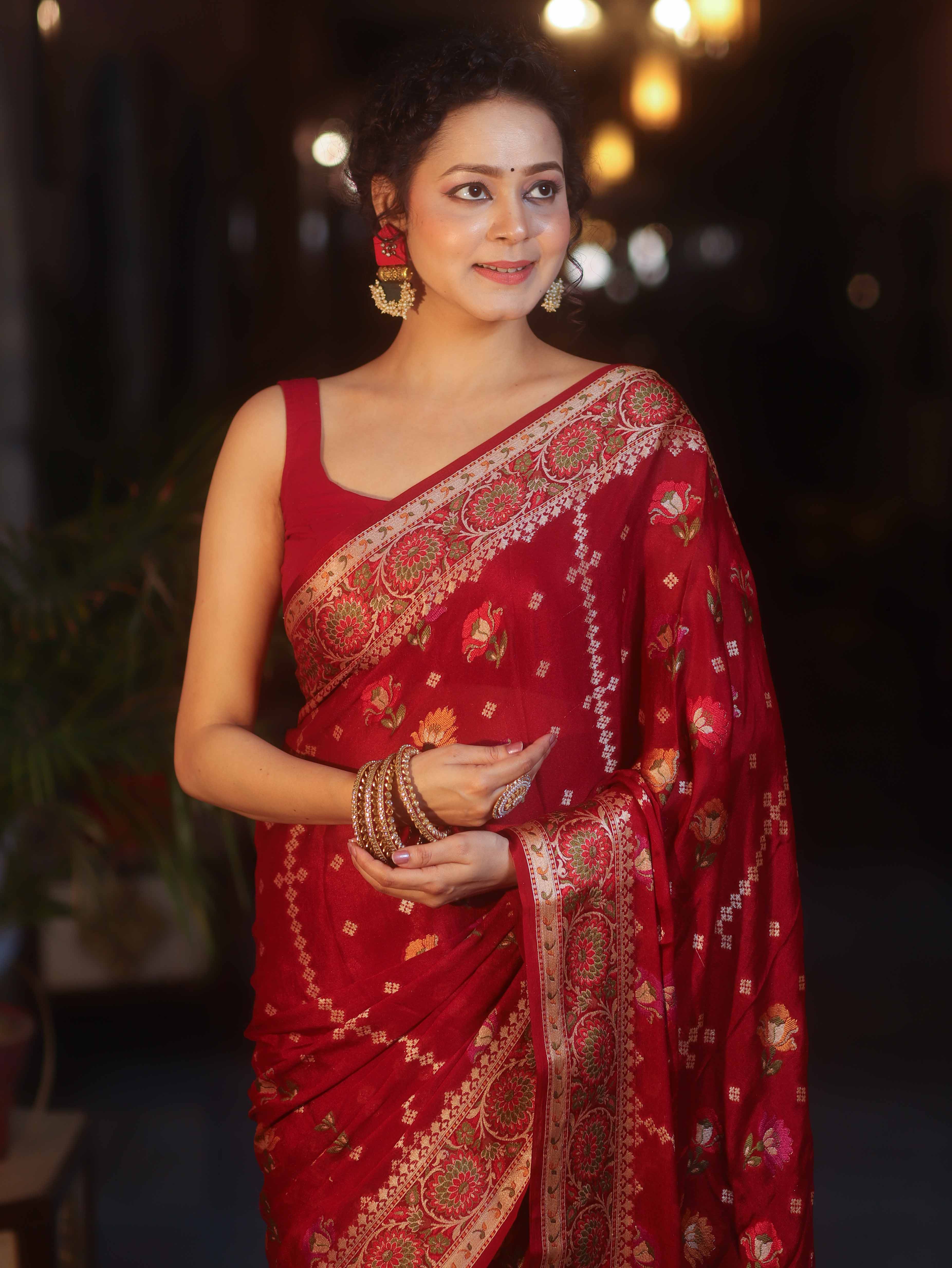Banarasee Pure Chiffon Saree With Resham Buti & Border-Maroon