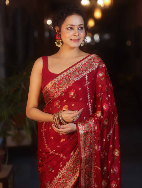 Banarasee Pure Chiffon Saree With Resham Buti & Border-Maroon