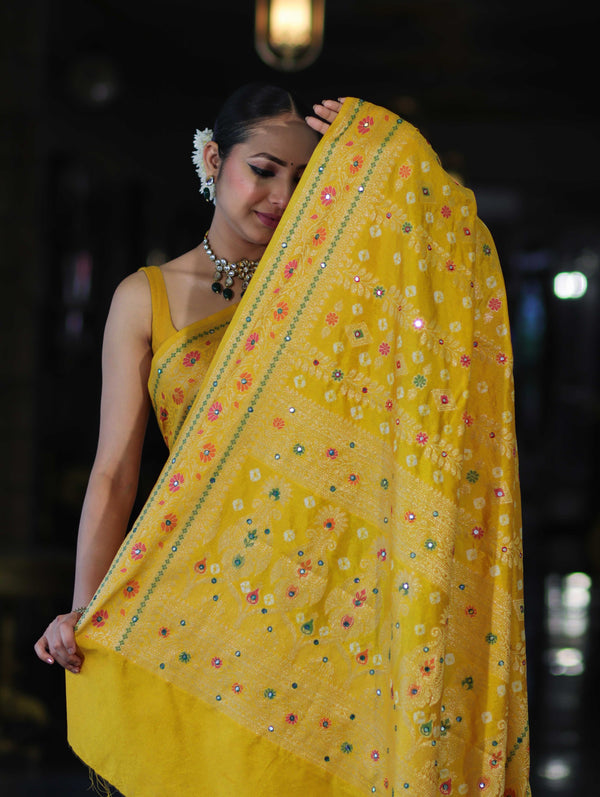 Banarasee Handloom Semi Silk Bandhej Saree With Zari Design Mirror Work & Floral Border-Yellow