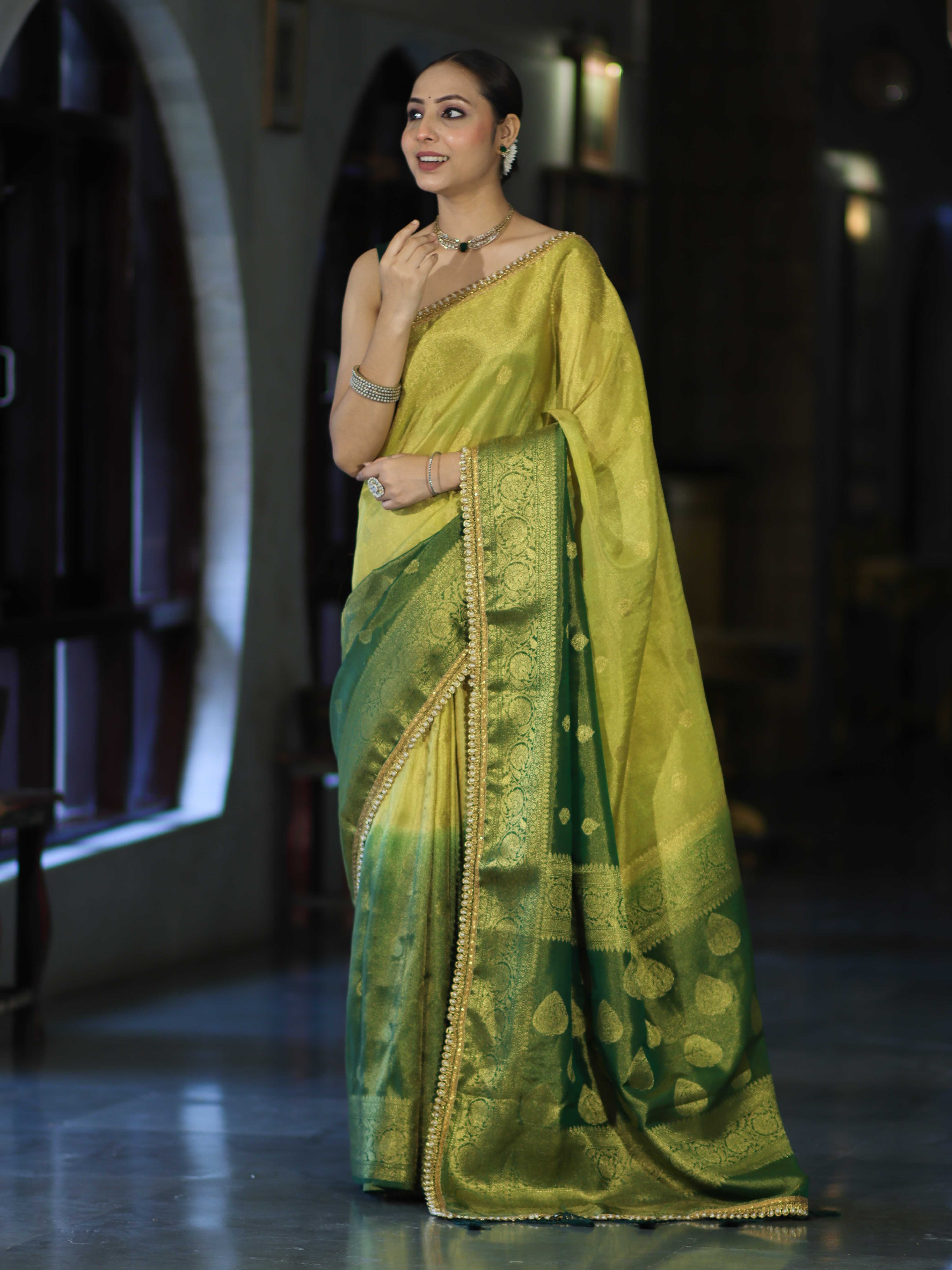 Banarasee Handloom Dual Color Tissue Silk Saree With Zari Buta Design Border & Lace-Yellow & Green