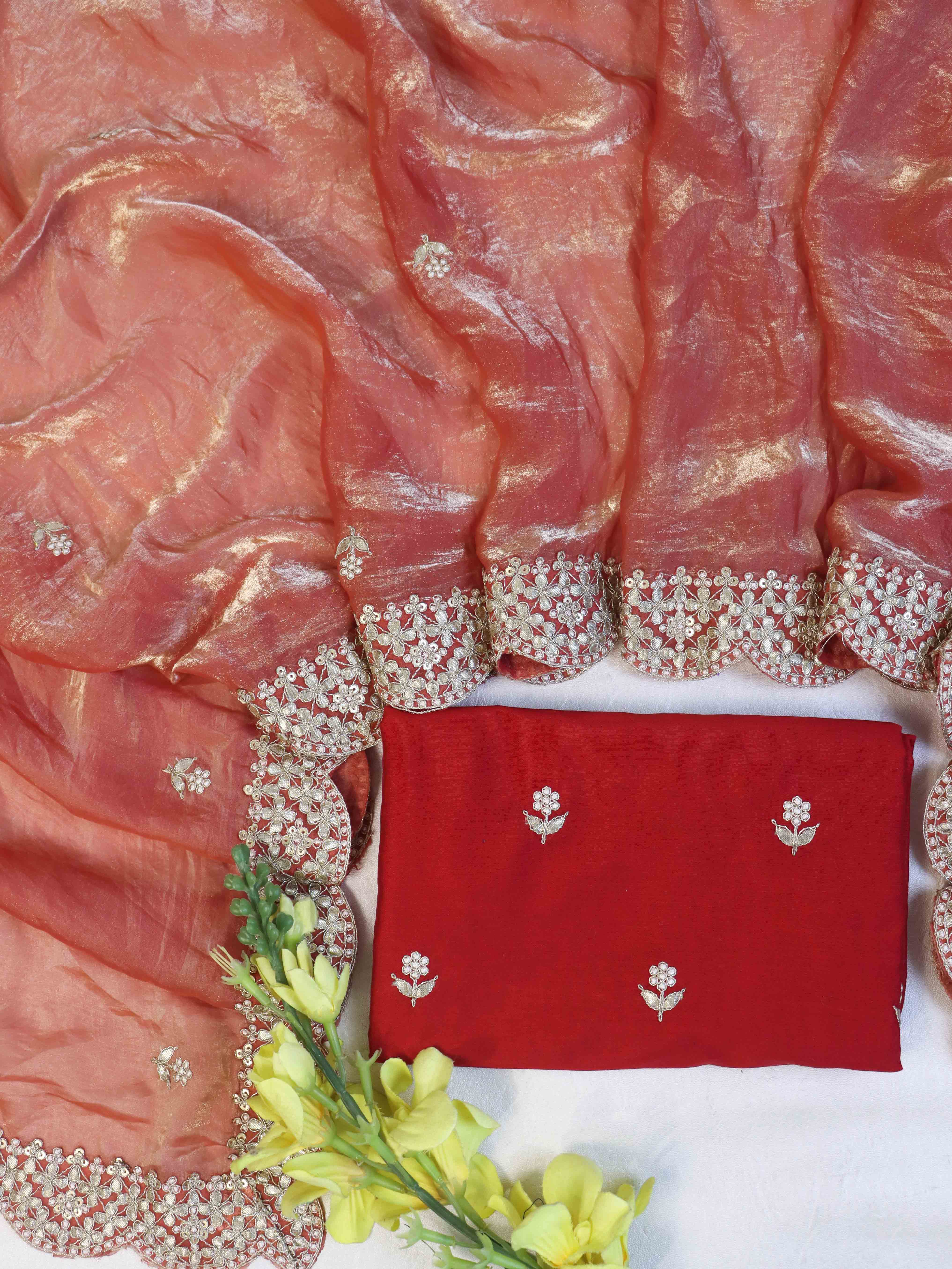 Banarasee Handwoven Tissue Silk Saree With Gold Zari Hand Work & Scallop Border-Peach