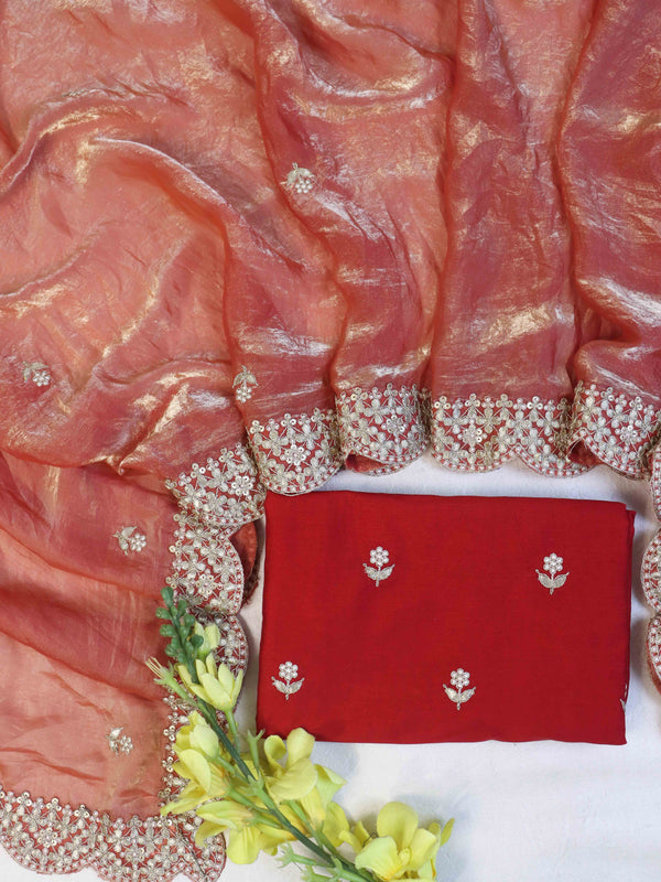 Banarasee Handwoven Tissue Silk Saree With Gold Zari Hand Work & Scallop Border-Peach
