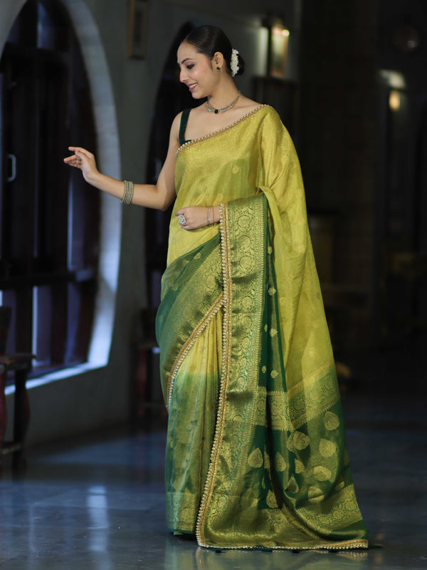 Banarasee Handloom Dual Color Tissue Silk Saree With Zari Buta Design Border & Lace-Yellow & Green