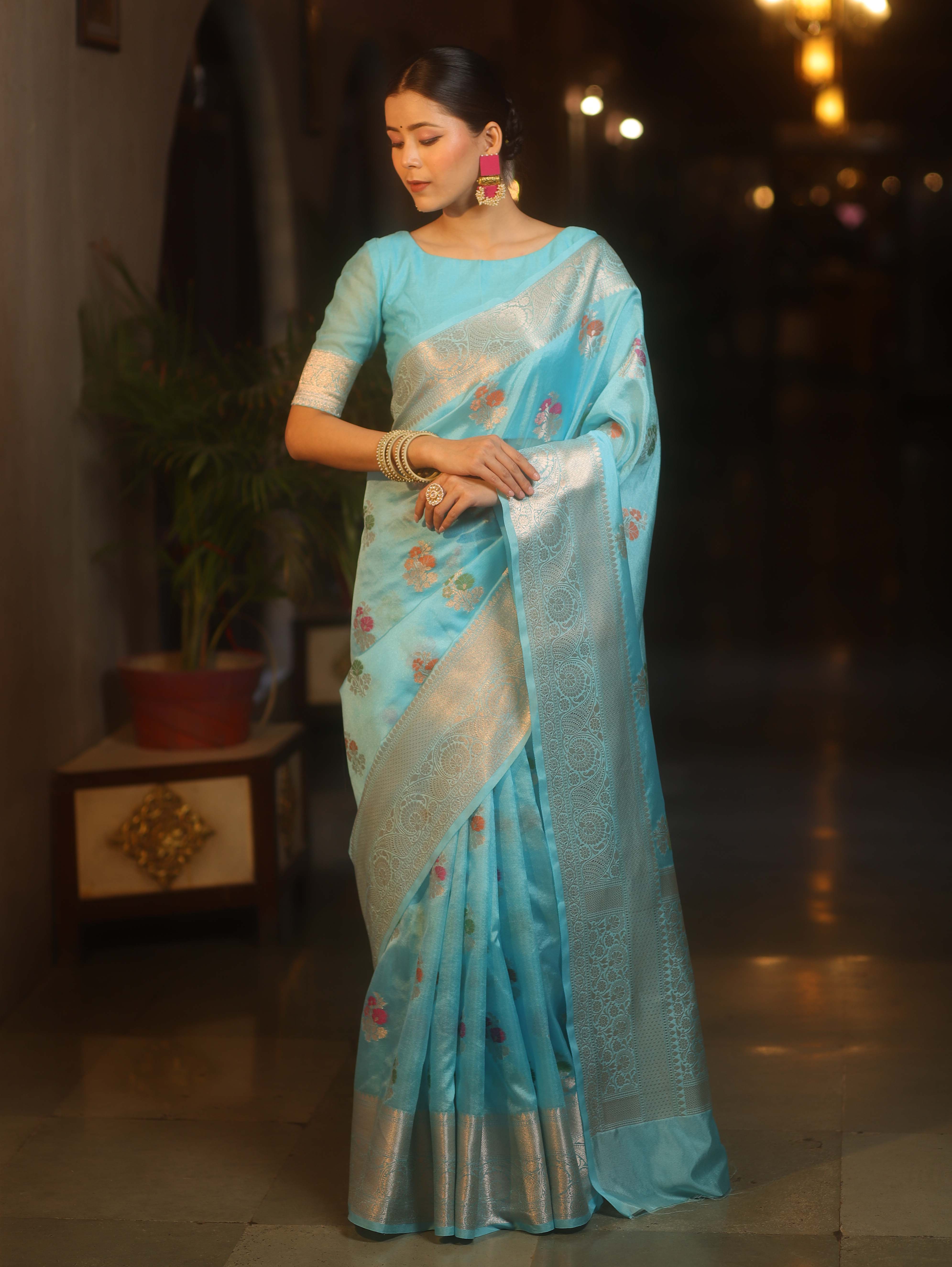 Banarasee Semi Georgette Saree With Silver Zari Meena Design & Border-Light Blue