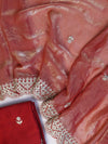 Banarasee Handwoven Tissue Silk Saree With Gold Zari Hand Work & Scallop Border-Peach