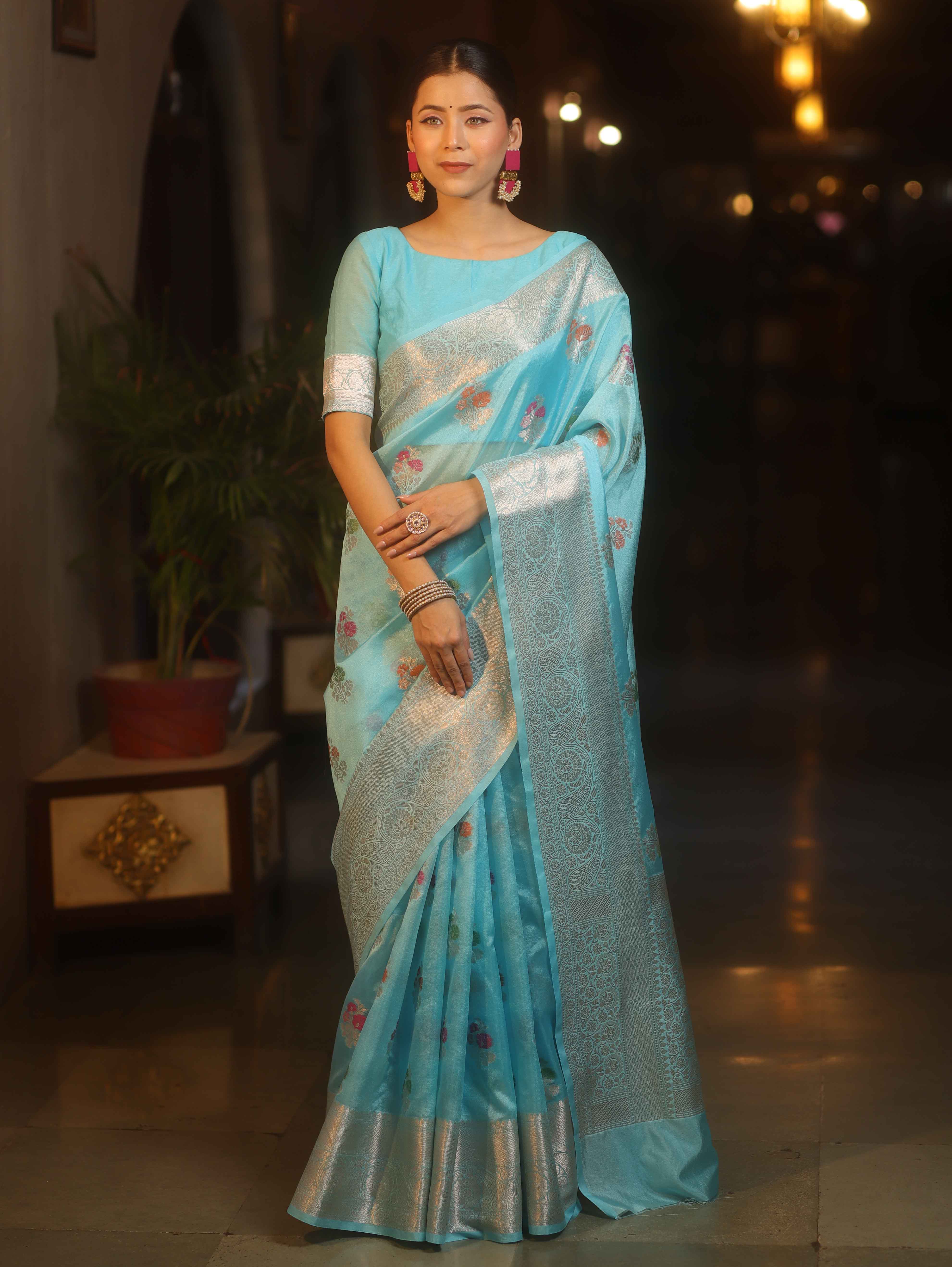 Banarasee Semi Georgette Saree With Silver Zari Meena Design & Border-Light Blue