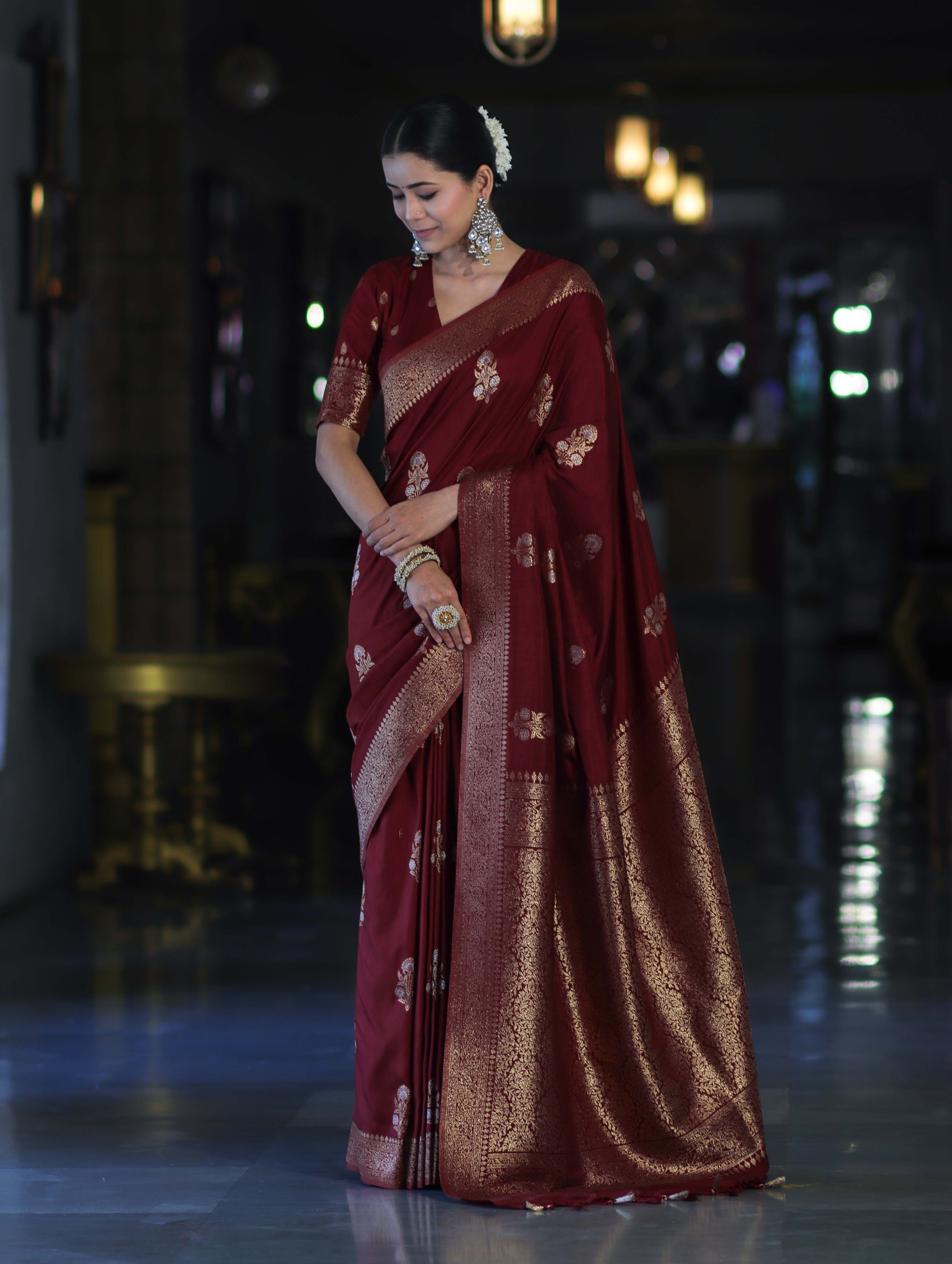 Banarasee Handloom Semi Silk Saree With Sona Rupa Zari Work & Border-Burgundy