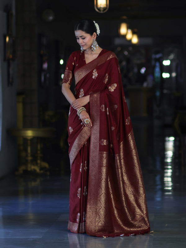 Banarasee Handloom Semi Silk Saree With Sona Rupa Zari Work & Border-Burgundy