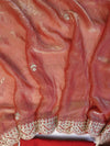 Banarasee Handwoven Tissue Silk Saree With Gold Zari Hand Work & Scallop Border-Peach