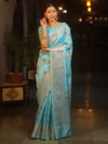 Banarasee Semi Georgette Saree With Silver Zari Meena Design & Border-Light Blue