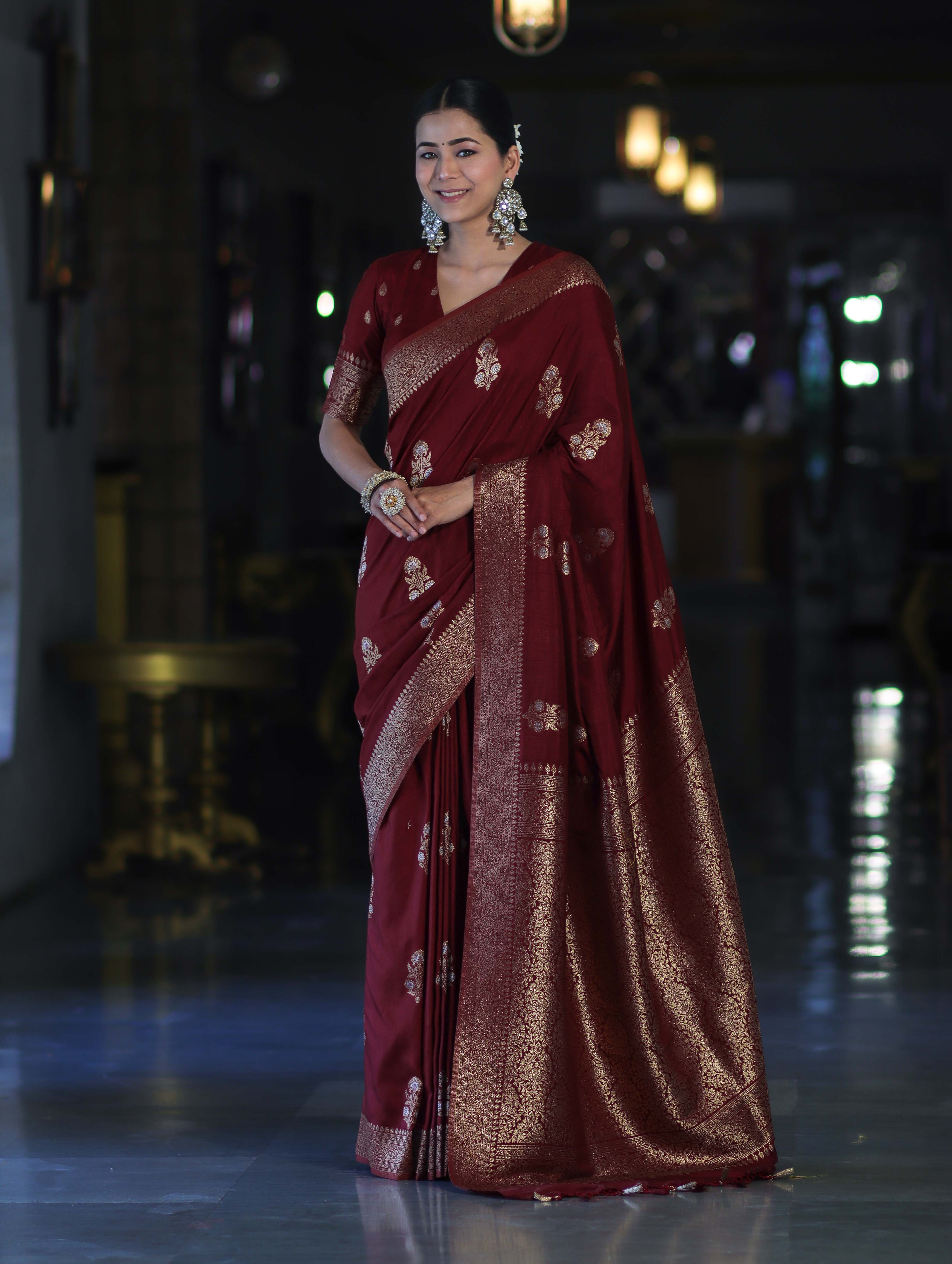 Banarasee Handloom Semi Silk Saree With Sona Rupa Zari Work & Border-Burgundy