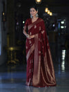 Banarasee Handloom Semi Silk Saree With Sona Rupa Zari Work & Border-Burgundy