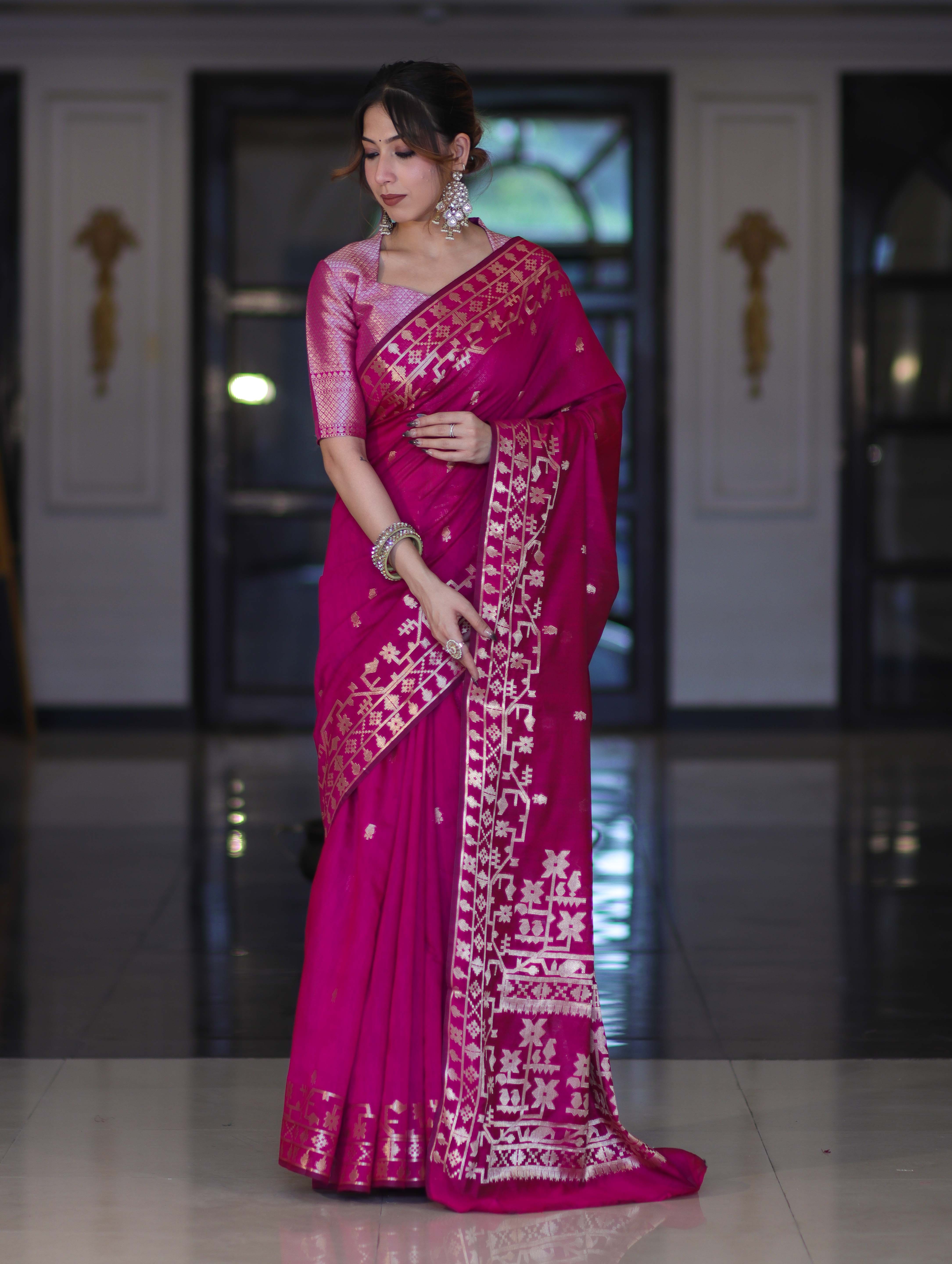 Banarasee Handloom Cotton Silk Saree With Zari Buti Design & Geometric Border-Magenta
