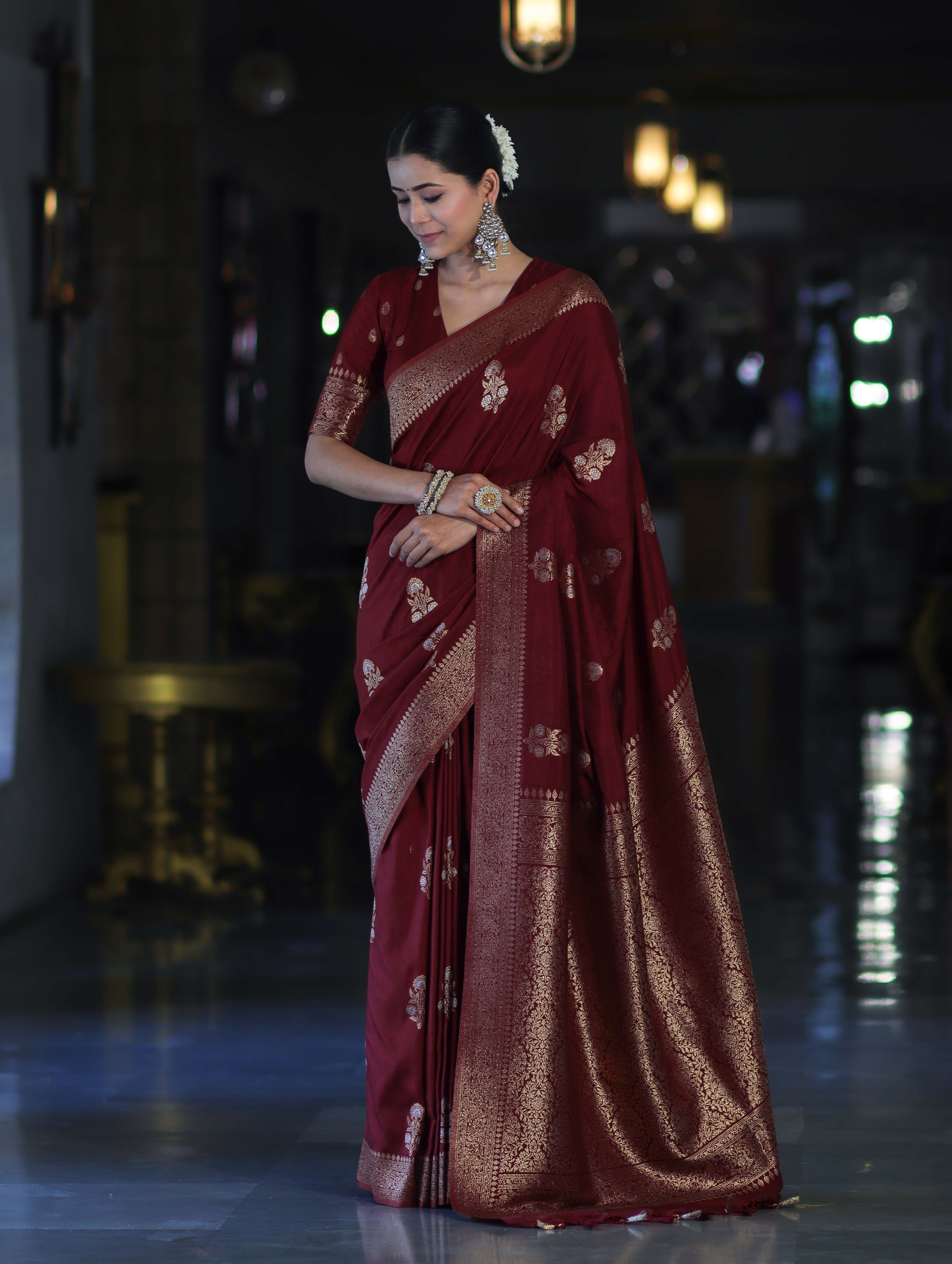 Banarasee Handloom Semi Silk Saree With Sona Rupa Zari Work & Border-Burgundy