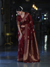 Banarasee Handloom Semi Silk Saree With Sona Rupa Zari Work & Border-Burgundy