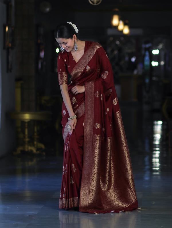 Banarasee Handloom Semi Silk Saree With Sona Rupa Zari Work & Border-Burgundy
