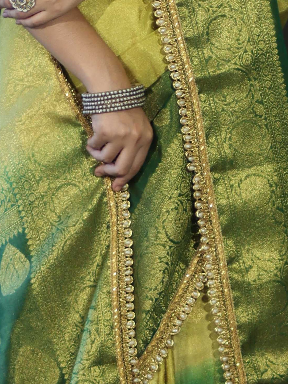 Banarasee Handloom Dual Color Tissue Silk Saree With Zari Buta Design Border & Lace-Yellow & Green
