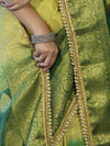 Banarasee Handloom Dual Color Tissue Silk Saree With Zari Buta Design Border & Lace-Yellow & Green