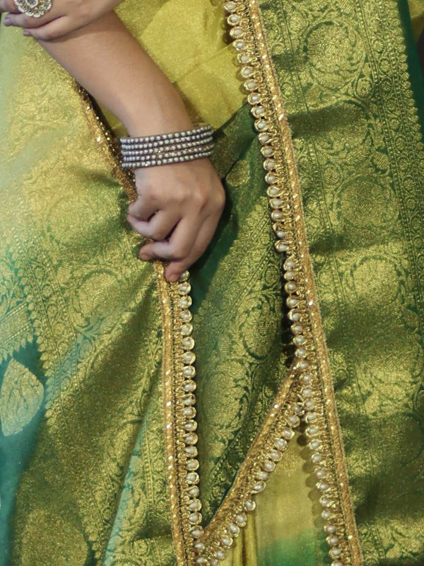 Banarasee Handloom Dual Color Tissue Silk Saree With Zari Buta Design Border & Lace-Yellow & Green