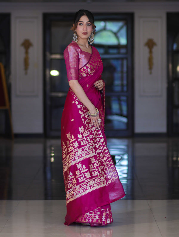 Banarasee Handloom Cotton Silk Saree With Zari Buti Design & Geometric Border-Magenta