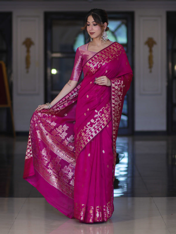 Banarasee Handloom Cotton Silk Saree With Zari Buti Design & Geometric Border-Magenta