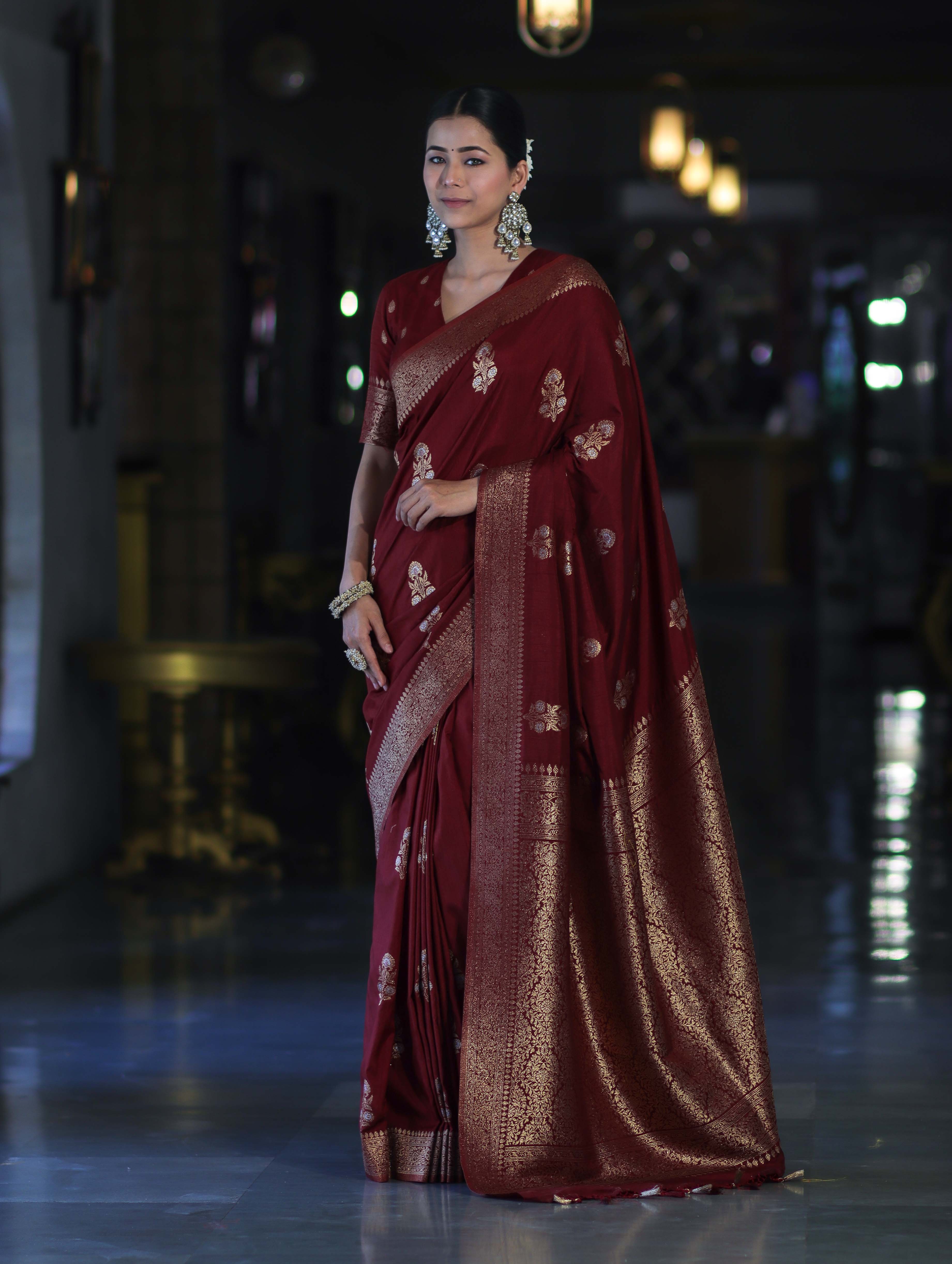 Banarasee Handloom Semi Silk Saree With Sona Rupa Zari Work & Border-Burgundy