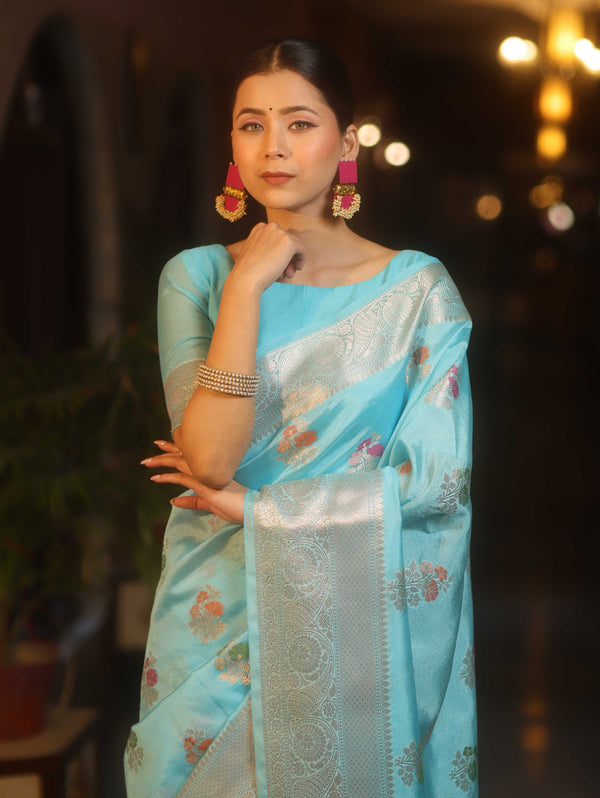 Banarasee Semi Georgette Saree With Silver Zari Meena Design & Border-Light Blue