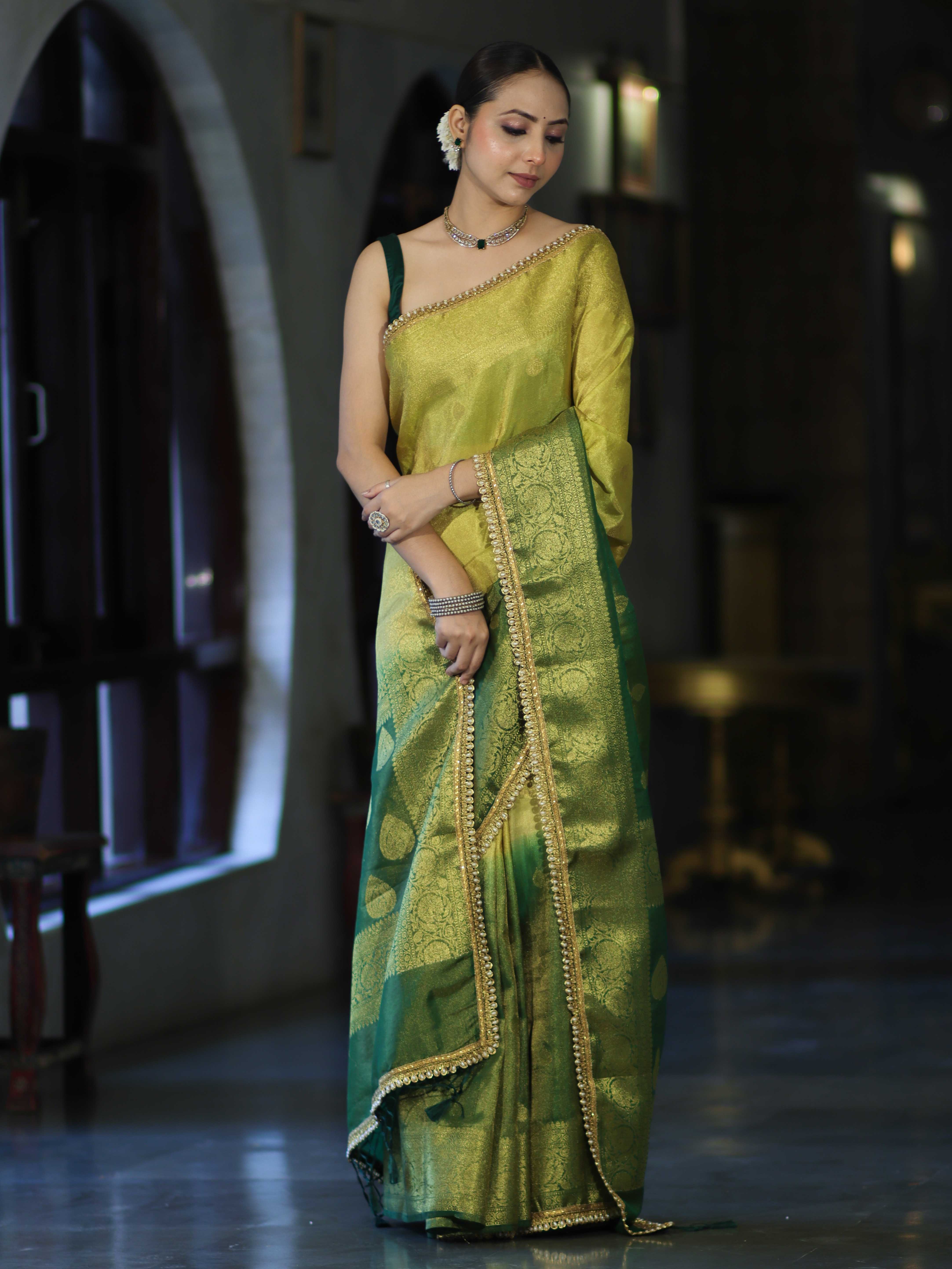 Banarasee Handloom Dual Color Tissue Silk Saree With Zari Buta Design Border & Lace-Yellow & Green