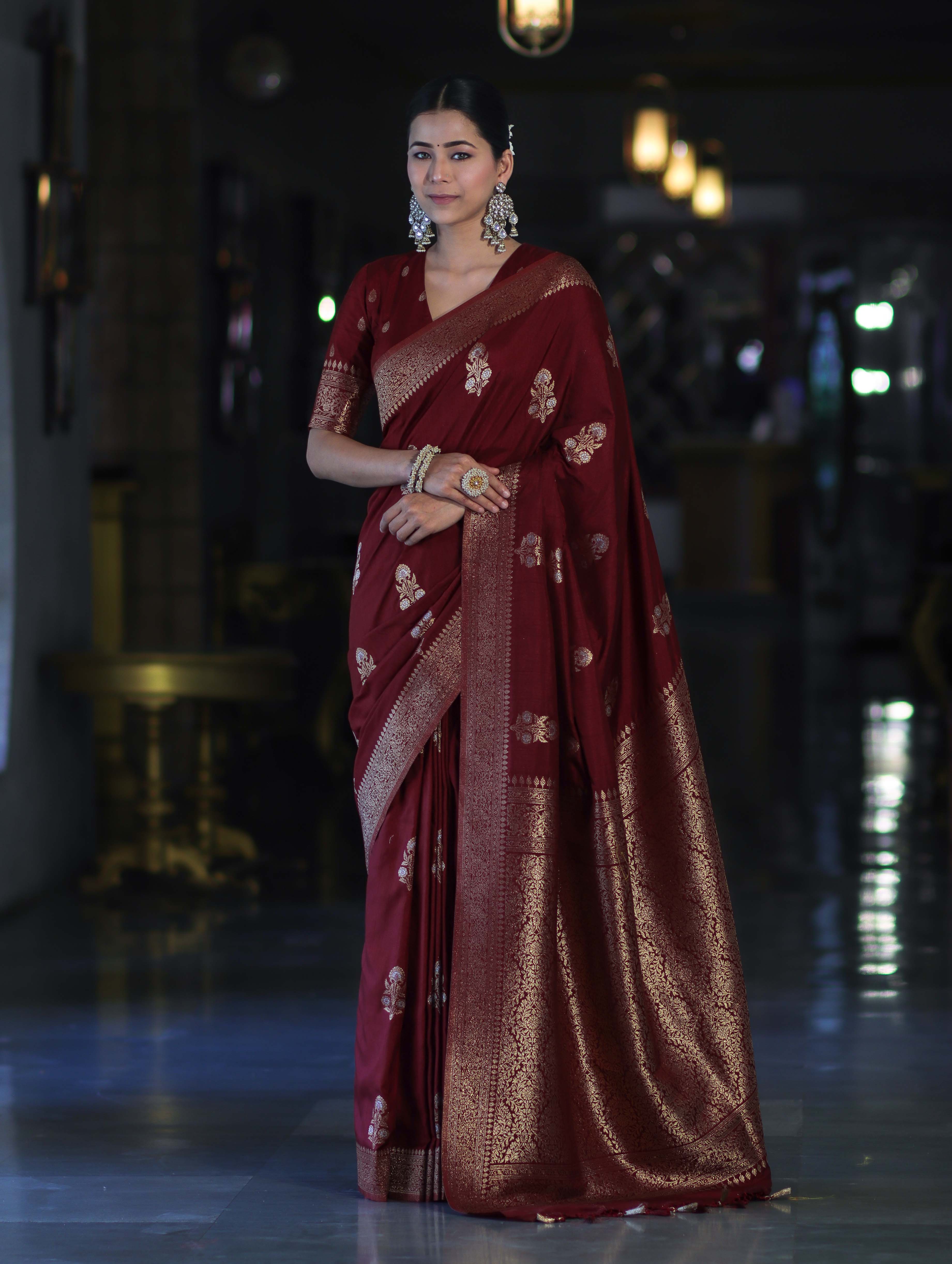 Banarasee Handloom Semi Silk Saree With Sona Rupa Zari Work & Border-Burgundy