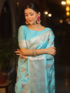 Banarasee Semi Georgette Saree With Silver Zari Meena Design & Border-Light Blue