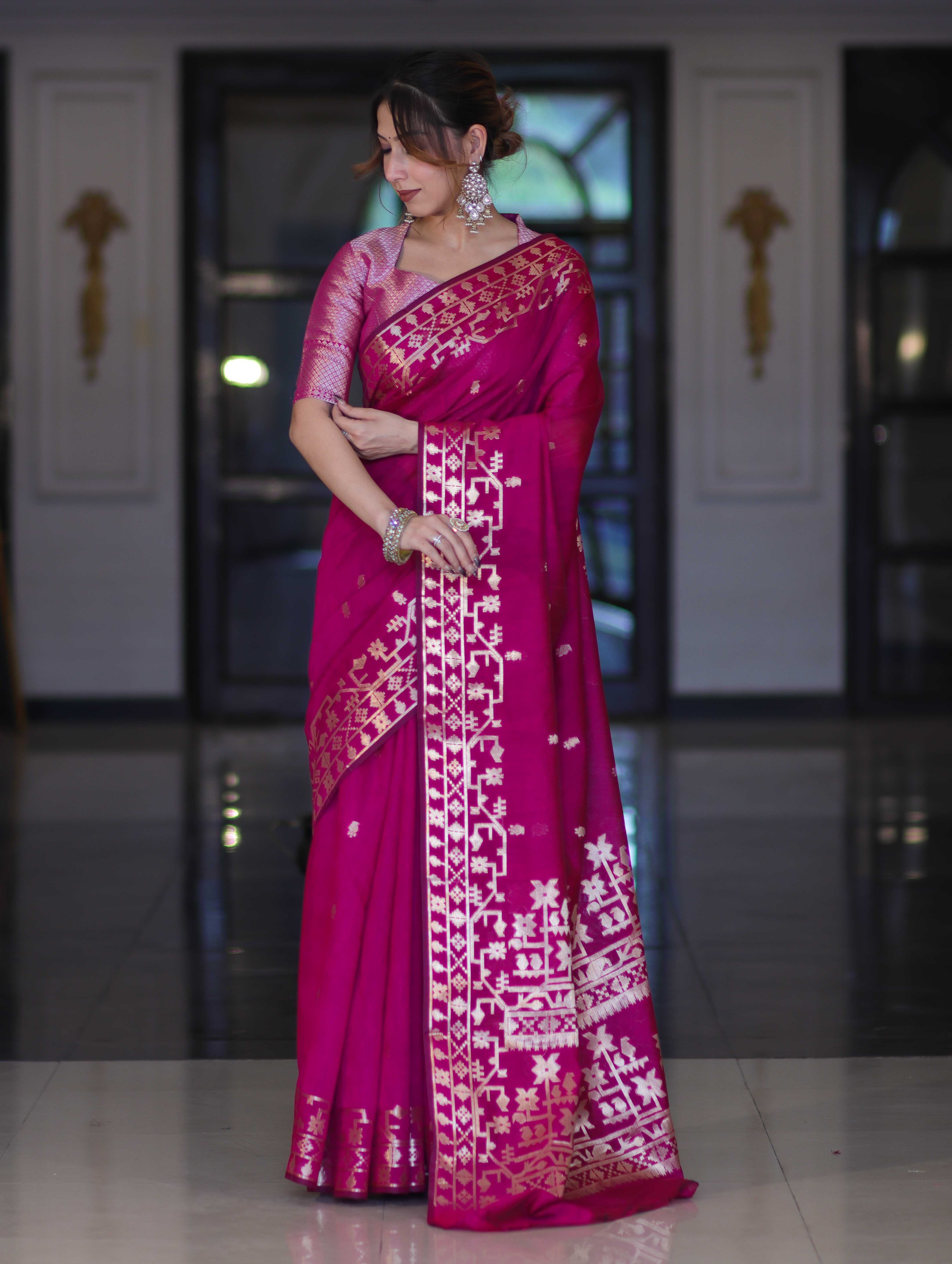 Banarasee Handloom Cotton Silk Saree With Zari Buti Design & Geometric Border-Magenta
