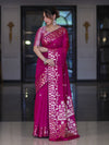 Banarasee Handloom Cotton Silk Saree With Zari Buti Design & Geometric Border-Magenta
