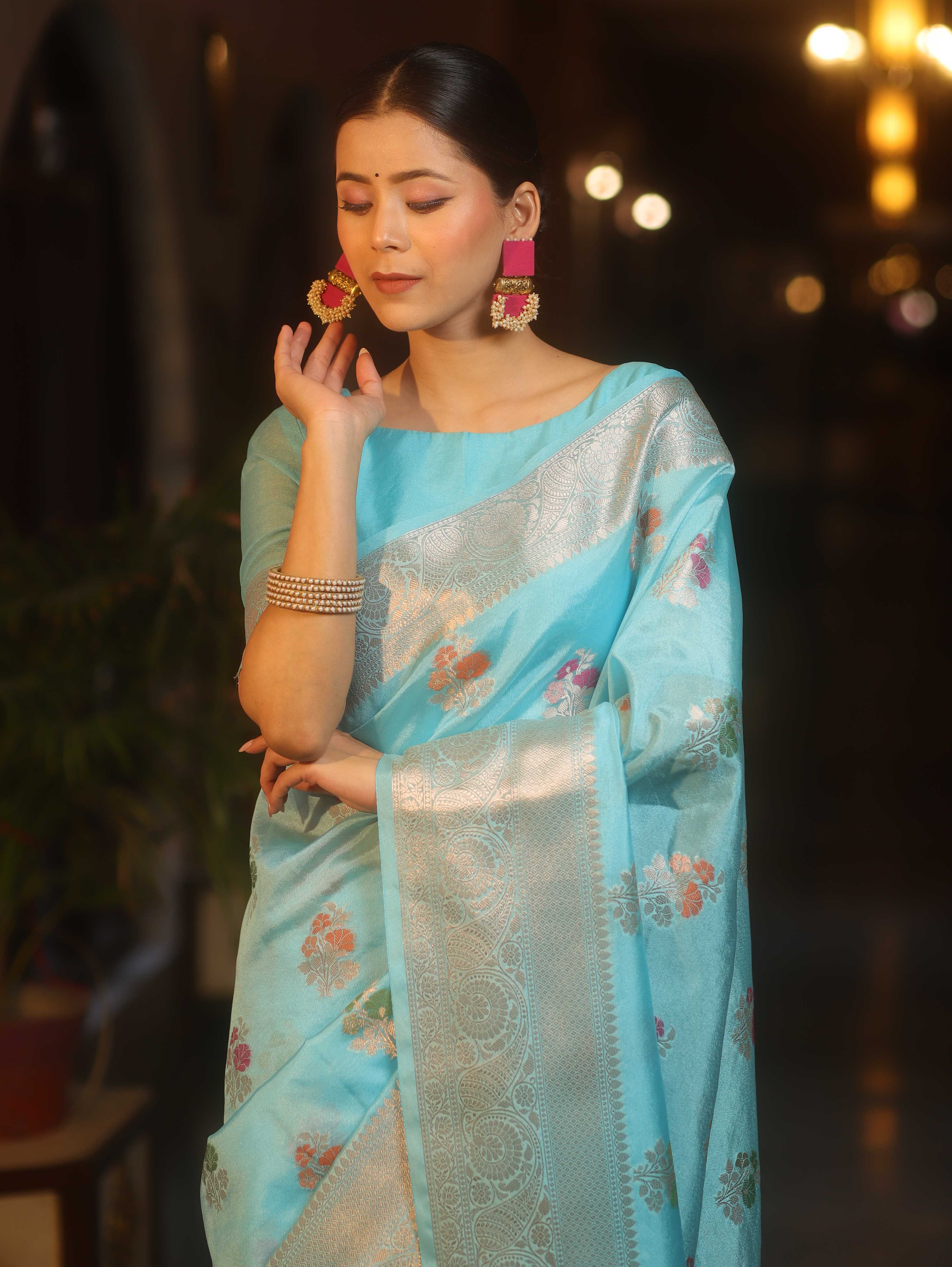 Banarasee Semi Georgette Saree With Silver Zari Meena Design & Border-Light Blue